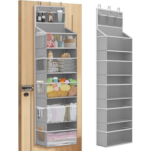 Over The Door Organizer 6 Shelf Hanging Yarn Storage Organizer, Behind Door Storage with 5 Large Capacity Pockets 13 Mesh Bags for Bedroom Bathroom Nursery Pantry, Anti Tilt 45 lb Load, Grey