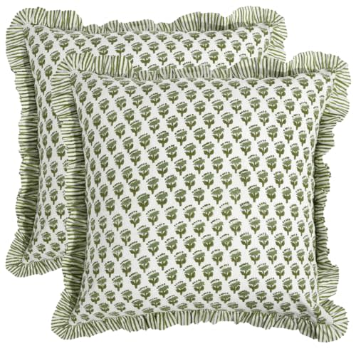 CPC Block Print Ruffle Throw Cover Emerald Green 20"x20" Inch Pack of 2-100% Cotton Ruffle Couch Decorative Boho Pillows Case for Living Room, Bedroom, Sofa, Farmhouse Gift for Spring, Mother's Day