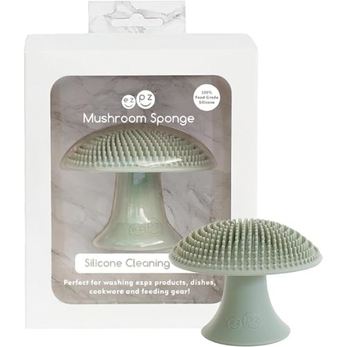 ezpz Mushroom Sponge (Sage) - Odor-Resistant Kitchen Sponge with Soft Bristles, Non-Slip Handle, Suction Base - Gently Cleans Pans, Dishes and Feeding Gear