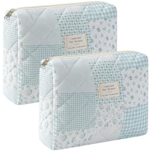 uekeboag Quilted Cotton Makeup Bag 2Pcs Coquette Cosmetic Bag,Large Soft Floral Travel Toiletry Bag for Women and Girls(09Blue Patchwork)