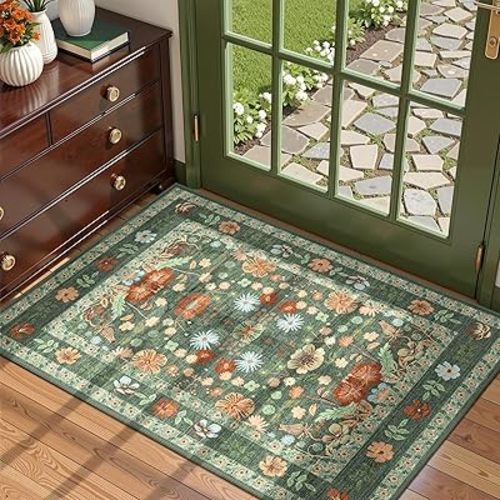 Deerly Green Small Floral 2x3 Entryway Rug Vintage Boho Bathroom Door Mat Washable Non-Slip Soft Low Pile Thin Indoor Carpet Home Decor for Kicthen Entrance Farmhouse Throw Rug, Green/Multi