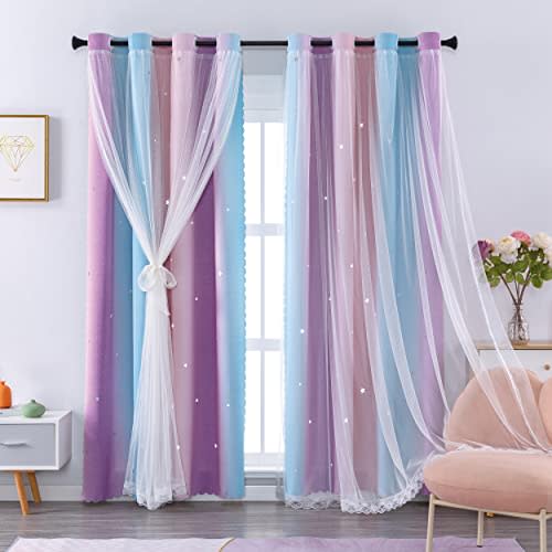 XiDi Blackout Curtains for Girls Bedroom Decor 63 inches Long Window Curtains Colorful Rainbow Design 2 Panel Sets, Kids Room Unicorn Princess Theme Home Decor Ombre Drapes Pink/Purple W34 X L63