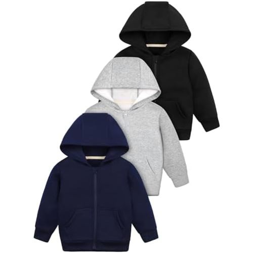 Cooraby 3 Packs Baby and Toddler Boys Long Sleeve Full-Zip Hoodies Infant Fleece Hooded Sweatshirts Jacket with Pouch Pockets