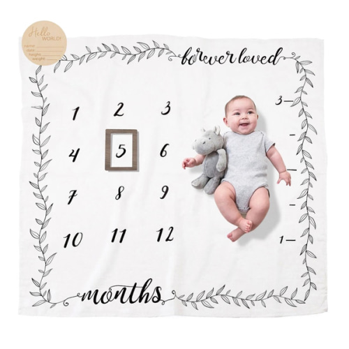 Forever Loved Pondering Pine Organic Baby Monthly Milestone Blanket Boy or Girl - Months Blanket with Wood Frame and Newborn Announcement Disc - Growth Chart for 1-12 Month Milestones, Gender Neutral, 47”x47”