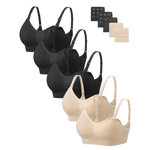 Angelhood Women Nursing Bras for Breastfeeding 5 Pack, Maternity Sleep Bra | Seamless Pregnancy Full Bust Bralettes with Extenders, Wireless V Neck Bralette, Ultra Comfort Postpartum Essentials Bra Pack