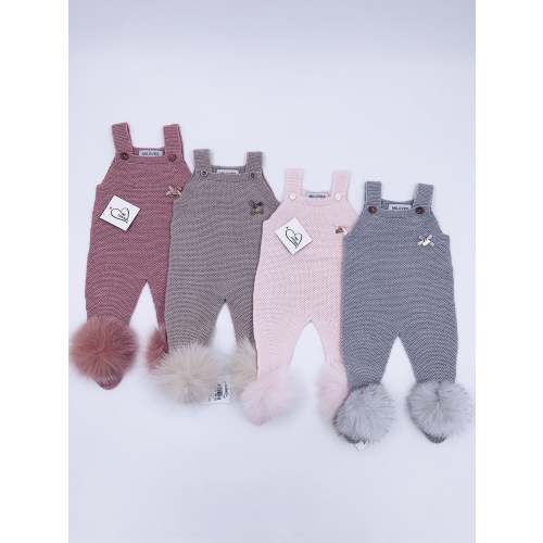 MI LOVES SIGNATURE Luxurious knitted Dungarees with fox fur pompoms(ALL COLOURS)