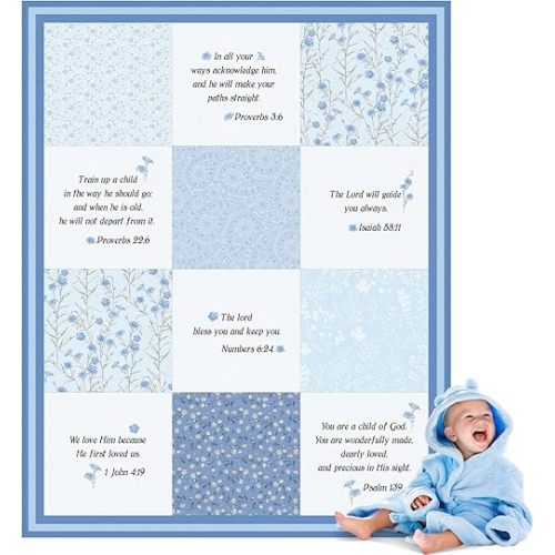 Oudain Christian Baby Blankets with Bible Verses Scripture Flowers Paisley Baby Receiving Baptism Blanket Christian Christening Gifts for Newborn Kids, 30 x 40 Inch(Blue)