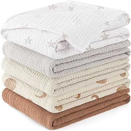 Susurration Muslin Baby Washcloths 23x23inch, Large Ultra-Absorbent 100% Cotton Baby Bath Wash Cloth Burp Cloth Soft Breathable Baby Face Towel for Newborn Baby Boy and Girl, 5Pack (Brown Moon)
