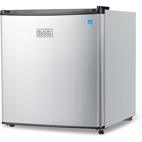 BLACK+DECKER 1.7 Cu. Ft. Compact Refrigerator, ENERGY STAR Certified, Single Door Mini Fridge with Chiller Compartment, Personal Fridge for Home or Dorm Room, R600a Refrigerant, BCRK17V,Stainless Look