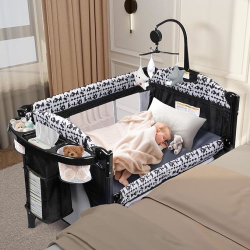 Xilingol 5-in-1 Pack and Play, Baby Bassinet Bedside Sleeper with Diaper Changer, Storage Bag & Music Box, Portable Baby Crib with Carry Bag, Foldable Playard with Bassinet for Newborn to Toddlers