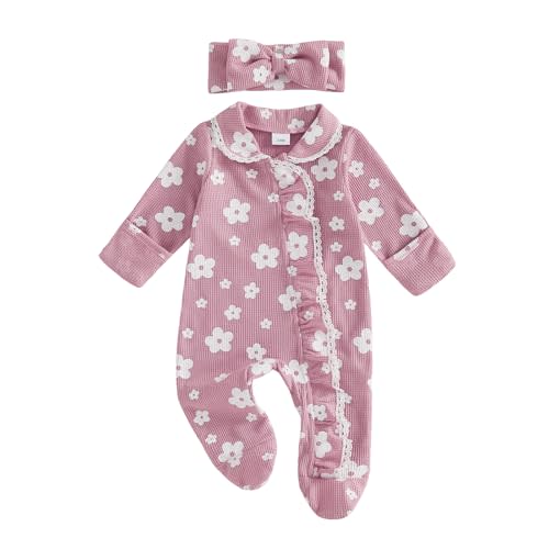 Ayalinggo Newborn Baby Girl Fall Winter Outfits Clothes Knit Jumpsuit Ruffle Romper Newborn Coming Home Outfit for Baby Girl | Newborn Baby Girl Outfits, Vintage Floral Print, Knit Onesie Ruffle Romper, Long Sleeve Jumpsuit, Shower Gift