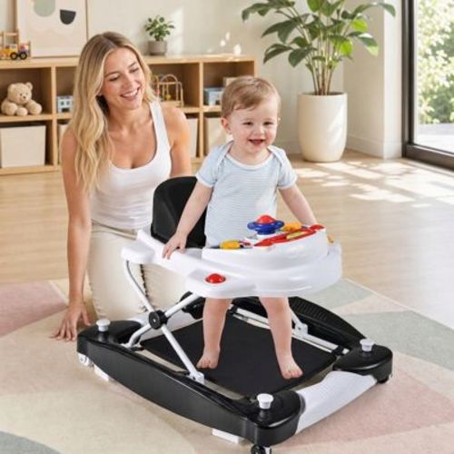 6-in-1 Foldable Baby Walker with Adjustable Height and Music Tray, Black