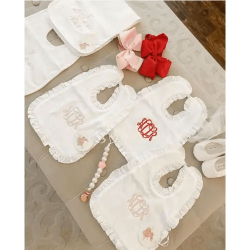 Classic White Ruffle Personalized Bib + Burp Cloth