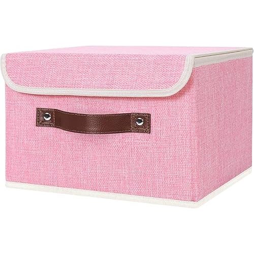 ANMINY Fabric Storage Box Bins with Lids, Pink, 10"x8"x7"