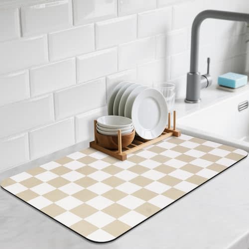 CooRug Checkered Dish Drying Mat for Kitchen Counter, 12" x 20", Beige | Quick Dry, Absorbent, For Coffee Bar, Leak-Proof, Non-Slip, Heat Resistant, Easy to Clean