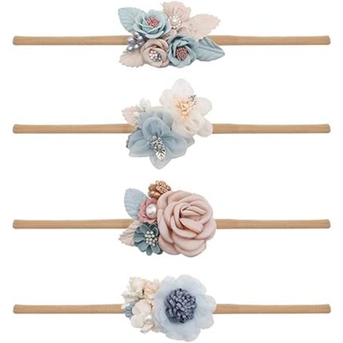 cherrboll 4pcs Baby Girl Headbands Flowers, Super Soft & Stretchy Nylon Floral Hairbands for Newborn Toddler