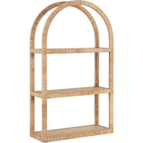 Kate and Laurel Rahmati Modern Arched Rattan Wall Shelf, 18 x 7 x 30, Natural Rattan, Boho Arch Wall Shelves for Over-The-Toilet Storage or Dorm Room Storage Shelf