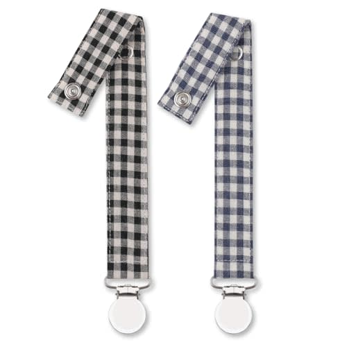 Pacifier Clip Leash Soothie Holder Unisex plaid button for boy （2 Pack）