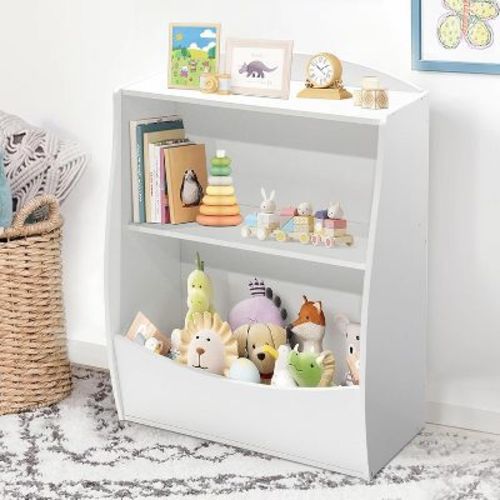 Acekool Kids Toy Storage Organizer and Bookshelf – Toddler-Friendly Shelf with Large Bin for Bedroom, Nursery, and Playroom，White