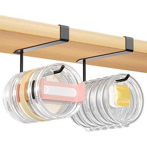 2 Pack Tumbler Lid Organizer, Under Cabinet Cup Lid Holder for Yeti Insulated Mug/Stanley Insulated Mug/Simple Modern Insulated Mug Lid, No Gluing, No Drilling, Up to 10 Lids (Black)
