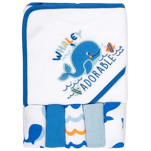 Baby Hooded Bath Towel and Washcloth Set for Infant Boys 6-12 Months (Whaley Adorable Whale)
