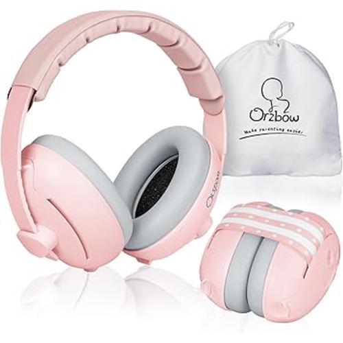 Orzbow 2-in-1 Baby Ear Muffs Noise Protection, Noise Cancelling Headphones for Babies up to 48 Months, Adjustable Infant Ear Protection with Non-Slip Band for Airplane Travel Sleep, Pink