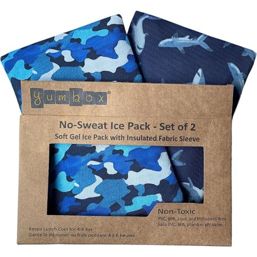 Yumbox Reusable Soft Gel Ice Packs for Lunch Boxes – Sweatproof Kids Lunchbox Ice Packs (Set of 2, 6.5″ × 7.5″)(Camo & Shark)