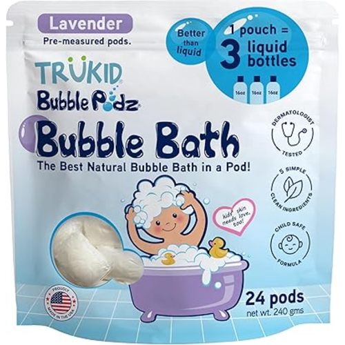 TruKid Bubble Podz Bubble Bath for Kids, Toddlers, & Babies, Tear Free Gentle & Refreshing Bath Bomb for Sensitive Skin with Natural Moisturizers, Non-Toxic, pH Balanced, Lavender Scent (24 Podz)