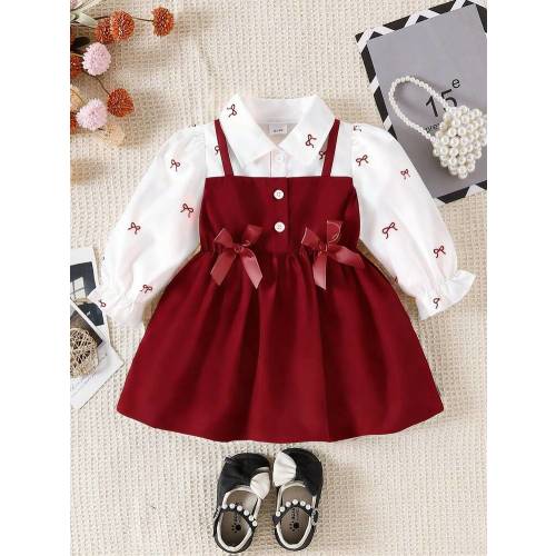 SHEIN Playful Pals Baby Girls' Collared Puff Sleeve 2 In 1 A-Line Dress Burgundy Autumn Cute Bridesmaid Matching Family Back-To-School Formal Sweet Playful Layered Look | SHEIN USA