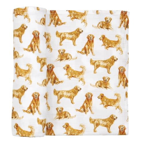 Mud Pie Golden Retriever Muslin Swaddle Blanket, Dog Print, 47 x 47 Inch | Large 47 x 47 Inch Cotton Muslin Baby Swaddle with Watercolor Golden Retriever Print, Tied with Dog Print Ribbon