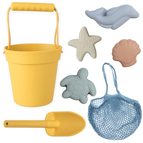 BLUE GINKGO Silicone Beach Toys - Modern Baby | Travel Friendly Toys Set | Silicone Bucket, Shovel, 4 Sand Molds, Beach Bag | Sand Toys for Toddlers, Kids - Yellow