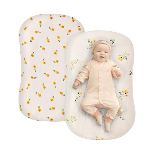 Muslin Baby Lounger Cover 2 Pack, 100% Cotton Newborn Lounger Cover, Soft and Breathable Slipcover for Boys Girls, Covers Only (Tulips,Flower)