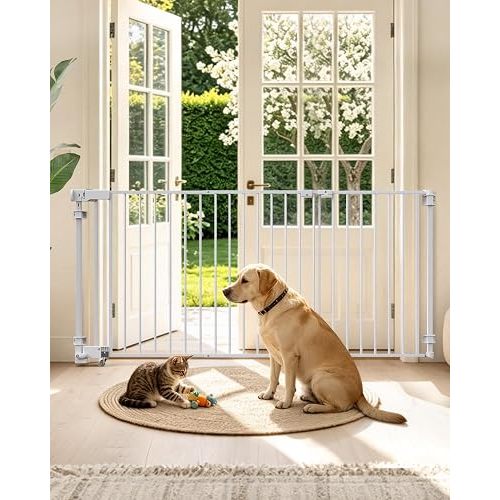 23.8"-60.6" Extra Wide Baby Gate for Stairs, Metal Pet Dog Gate for Doorways Indoor, 2 Installation Positions, Hardware Mount, 29.1”H Walk Through Safety Child Gate for Kids Toddler, White