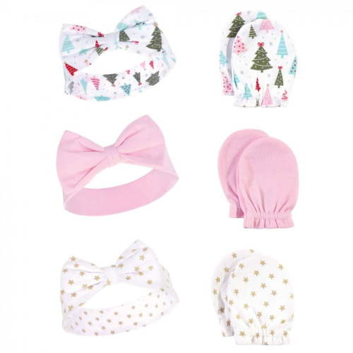 Hudson Baby Infant Girl Cotton Headband and Scratch Mitten 6pc Set, Sparkle Trees, 0-6 Months