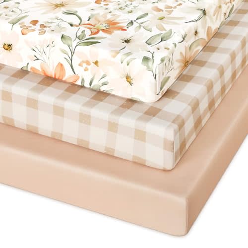 Unnivoll Pack and Play Sheets Fitted 3 Pack, Mini Crib Sheets for Pack N Play Mattress Stretchy Portable Playard Sheets, Soft Breathable Orange Flowers & Plaid