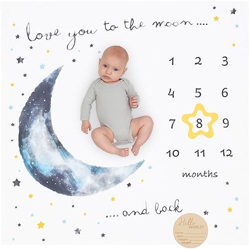 Pondering Pine Organic Baby Monthly Milestone Blanket Boy - Love You to The Moon and Back Blanket for Boys, Growth Chart for 1-12 Months Milestones, Gender Neutral, 47”x47”