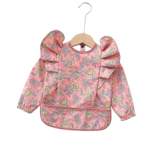 The Cuddly Fig - Waterproof Long Sleeve Ruffle Baby Bib with Pink Paisley Pattern, Small 6-18mos