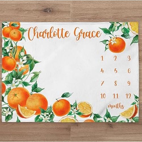 Peach Floral Baby Month Blanket, Personalized Girl Milestone Calendar, Newborn Gift