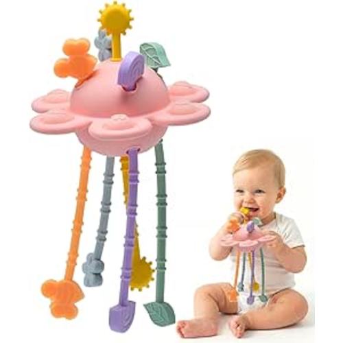 Silicone Baby Sensory Pull String Toy for 18+ Months, Montessori Toys for Toddlers, Sensory Activity Travel Toy for Airplane Car Seat Stroller, Fine Motor Skills Early Learning Gift (Light Pink)