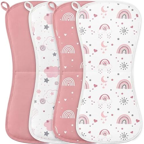 Burp Cloths Baby Girl, Large 21'' X 10'' Cotton Burping Cloths for Babies, Ultra Soft and Absorbent Burp Rags, 4 Pack Set Washcloths Newborn Spit Up Rags Pink Rainbow
