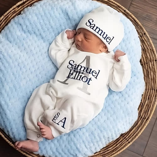 Personalized Embroidery Monograms Baby Coming Home Romper and Hat Set | CWBaby160