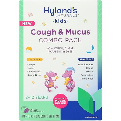 Hyland's Kids Cough Syrup and Mucus Relief Daytime and Nighttime Combo Pack, Kids Medicine for Ages 2-12, Grape Flavor, Promotes Sleep, Cough, Runny Nose, Mucus and Congestion, 8 Ounces