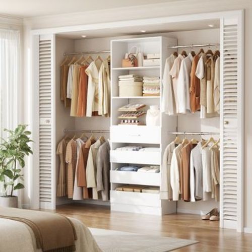 Besiost 4-9 Ft Wooden Closet Organizer System with 4 Drawers, 4 Hanging Rods & Shelving Towers