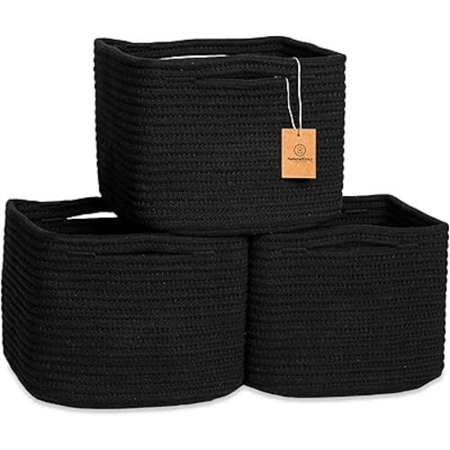 NaturalCozy Storage Cubes 9”x9”x7”Cotton Rope Woven Baskets for Organizing 3-Pack | 9 Inch Cube Storage Bin | Small Basket for Shelf Nursery, Pantry, Decorative Plant, Bathroom Closet, Toy Gift