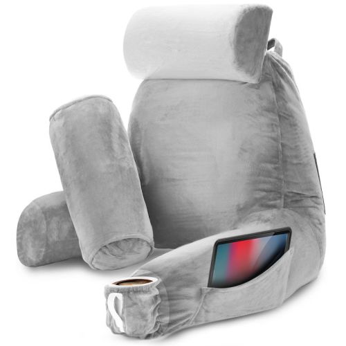 Nestl Memory Foam Reading Pillow, Large Reading & Bed Rest Pillow, Light Grey Back Pillow with Pockets