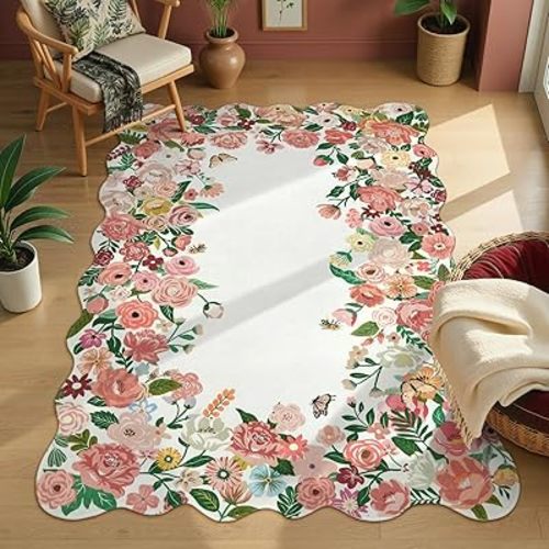 Wonnitar Washable 5x7 Rug for Living Room, Pink Camellia Floral Rugs for Bedroom Girls, Non-Slip Soft Scalloped Flower Floor Carpet for Kids Nursery Room Decor(Pink,5'x7')