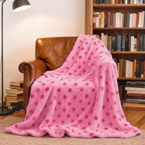 Soft Plush Throw Blanket with Polka Dots, Luxury Faux Fur,Doule Side, Multiple Colors Available,Gift for Women (Pink and Rose, Throw(51" x 63"))
