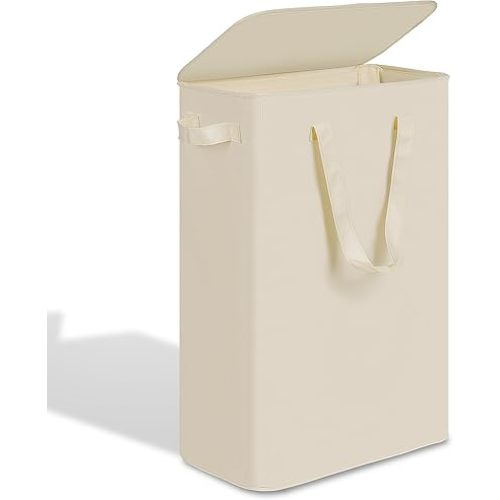 efluky Slim Laundry Basket with Lid, Narrow Laundry Hamper with Handles, Collapsible Dirty Clothes Hamper, Tall Laundry Bin for Laundry Room, Dorm and Bedroom, 55L Beige