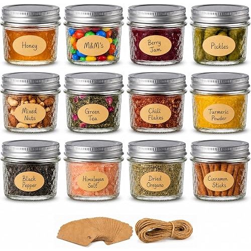 Peokuaey 4 oz Glass Jars with Lids, 12 Pack Wide Mouth Small Mason Jars with Twine & Tags, Airtight Leakproof Mini Jam & Jelly Jars with Label Area for Baby Food, Spices, Pudding & Homemade Gifts
