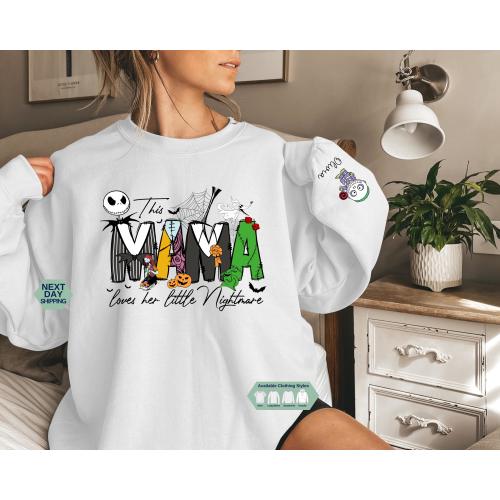 Custom This Mama Loves Her Nightmare Christmas Sweatshirt, Halloween Mama Shirt, Jack Skellington and Sally Tee, Halloween Kids Name Hoodie